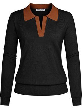 Kate Kasin Women's Black Orange V Neck Long Sleeve Classic Knitted Polo Sweaters